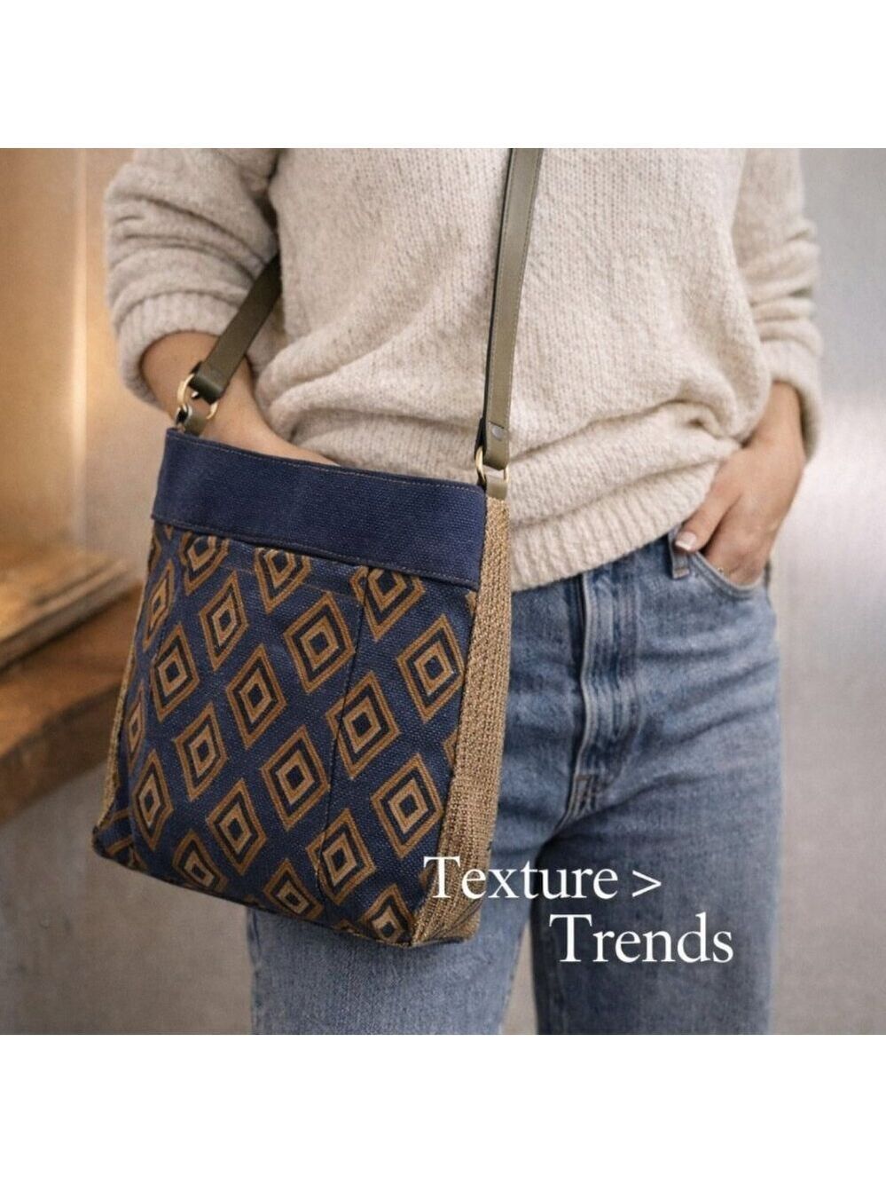 Enzo Angiolini Blue & Tan Geometric Crossbody | Boho Canvas & Jute Shoulder Bag